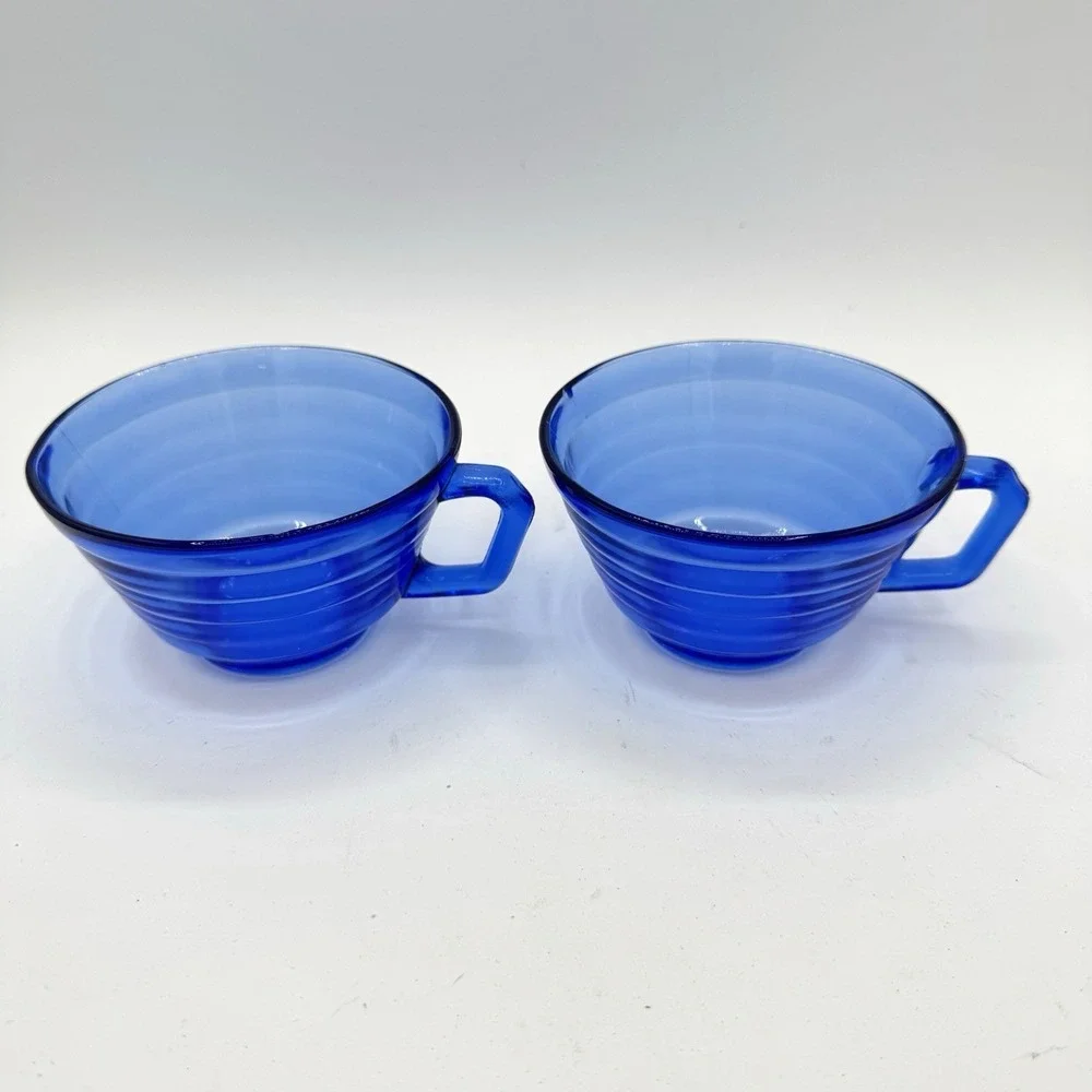 VTG Set 2 Hazel Atlas Moderntone Cobalt Blue Depression Tea Coffee Cups Art Deco